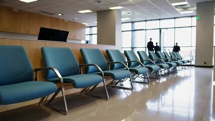 Aufkleber - Waiting area chairs sitting vacant in bright, modern medical facility, capturing sterile environment and professional healthcare space with anticipation of upcoming patient consultations