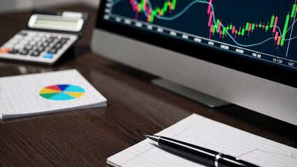 Aufkleber - Finance and marketing concept showing stock market analysis displayed on computer screen, with calculator and notepad on a desk, in slow motion