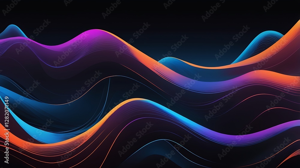 Abstract Neon Waveform Digital Artwork with Electric Blue, Purple, and Orange Gradient on Black Background, Generative AI