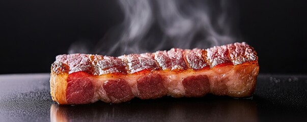 Sizzling Thick Cut Bacon Strip with Smoke Against Dark Background