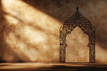 Poster - A beautiful play of light creates an arabesque shadow on an earthen wall, highlighting delicate patterns. The tranquil setting invites reflection and captures a moment of artistic elegance.