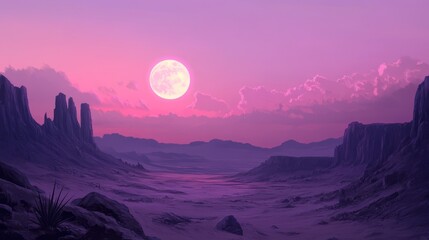 Vast desert at twilight, soft purple and pink sky fading into the horizon, peaceful and timeless