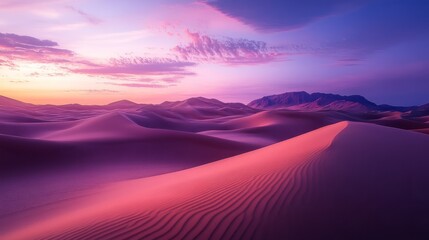 Vast desert at twilight, soft purple and pink sky fading into the horizon, peaceful and timeless