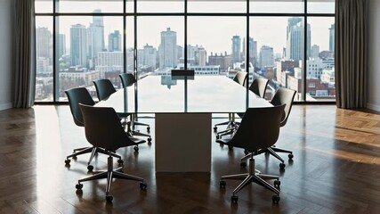 Aufkleber - Sunlight illuminates a modern conference room with a glass table and executive chairs, overlooking a cityscape, showcasing a subtle transformation in slow motion