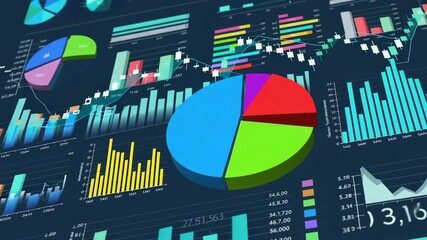 Fototapete - Financial data visualization revealing dynamic business performance through colorful pie charts and bar graphs, displaying numerical growth with smooth slow motion animation