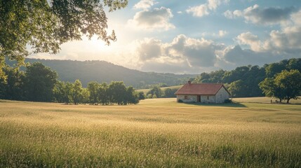 Poster - In a serene meadow, a herd of happy pigs roams freely, enjoying the gentle sun on their backs. Lush greenery and distant hills create a tranquil backdrop for their carefree day.
