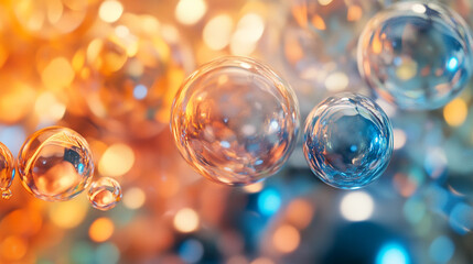 Poster - Colorful soap bubbles floating in a soft, illuminated background with blurred lights