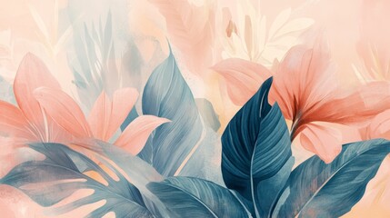 Wall Mural - abstract botanical illustrations with soft pastel colors, artistic and dynamic composition, textured