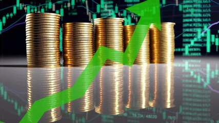 Poster - Gold coins stacks are growing taller over a stock market chart background with a green arrow rising, indicating a positive financial trend in slow motion
