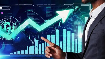 Aufkleber - Corporate executive analyzing rising financial chart on futuristic digital screen, demonstrating strategic market performance in slow motion