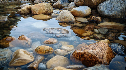 Poster - Calm river water gently flowing over smooth pebbles in a natural setting