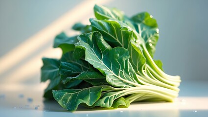 Poster - freshly harvested greens on a kitchen countertop with natural light highlighting their vibrant color