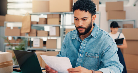 Leinwandbilder - Laptop, documents and shipping with man in warehouse for logistics route, tracking code and cargo. Inventory checklist, ecommerce delivery with person in factory for supplier distribution and depot