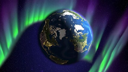 Poster - Rotating planetary view revealing luminous green and purple aurora borealis dancing across dark cosmic background, showcasing ethereal beauty of earth from outer space perspectives