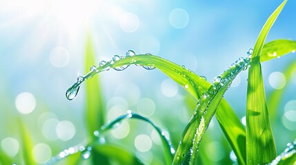 Wall Mural - Green blades of grass with water droplets in bright sunlight