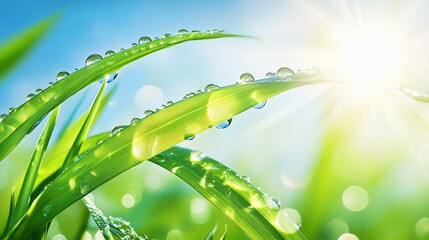 Wall Mural - Green grass blades with sparkling water droplets illuminated by the sun