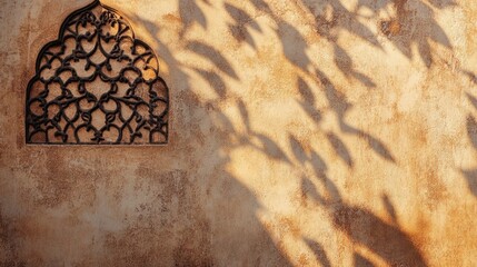 Poster - Delicate arabesque patterns cast lively shadows on a sun-bleached wall, illuminated by the warm glow of the late afternoon sun, creating a serene and artistic ambiance.