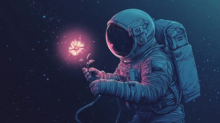 astronaut holding glowing cosmic flower, drifting in zero gravity, celestial and ethereal