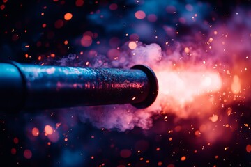 Poster - Bright sparks and smoke erupt from a pipe, showcasing a dramatic display of heat and energy in a dark setting