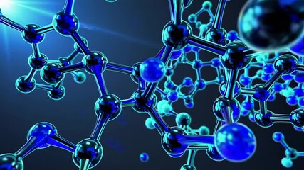 Poster - Complex molecular structure rotating slowly against a dark blue background, creating a captivating visual representation of scientific concepts
