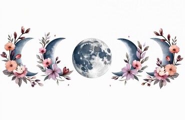 Wall Mural - Watercolor floral moon phases illustration. Celestial bodies set on white background for logo, poster, sublimation print. Lunar cycle with crescent, gibbous moon with flowers for patterns, scrapbook