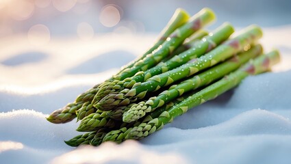 Poster - fresh asparagus spears resting on a bed of snow in a crisp winter setting