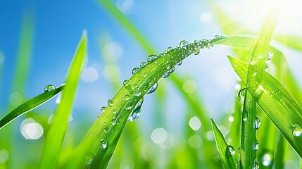 Wall Mural - Fresh blades of grass with water drops under the sun