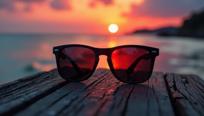 Wall Mural - dark sunglasses on aged wood, vibrant sunset mirrored in water , sky, sunglasses