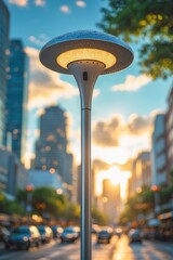 Poster - city street illuminated by modern lamp at sunset with buildings and clouds in the background