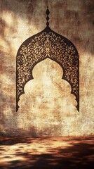 Poster - An intricate arabesque shadow decorates a rustic wall, illuminated by warm twilight tones. The delicate shapes evoke a sense of history and cultural richness.