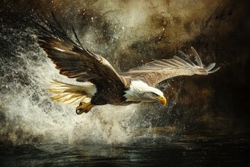 Aufkleber - Eagle gracefully soars above a shimmering lake, creating ripples as it hunts during early morning hours in a tranquil forest setting