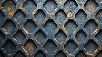 Aufkleber - A captivating design features an intricate hexagon pattern crafted from dark metal mesh, showcasing a blend of textures and colors.