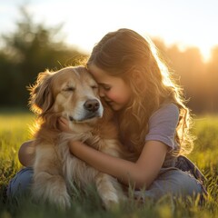Aufkleber - Girl hugs golden retriever in a sunny field during golden hour, showcasing a loving bond between pet and child. Generative AI