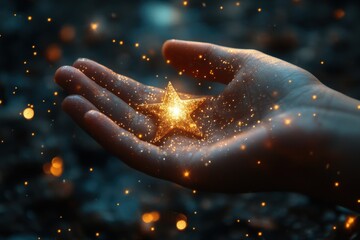 Fototapete - Hand holding a glowing star decoration amidst colorful bokeh lights in a festive atmosphere during winter celebrations
