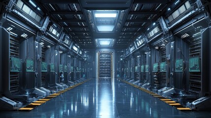 Poster - A large room with many computer monitors and a yellow line on the floor