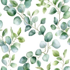 Aufkleber - Green watercolor leaves create a serene botanical pattern evoking a natural garden feel suitable for various décor styles. Generative AI