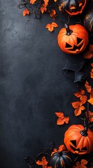 Wall Mural - Halloween background with pumpkins and autumn leaves on dark stone table