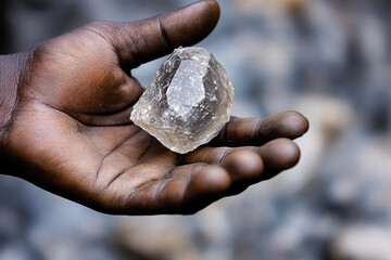 Poster - African miner holds rough cut stone from the ground. Generative AI