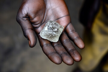 Poster - Miner's hand holding rough cut stone in Africa. Generative AI