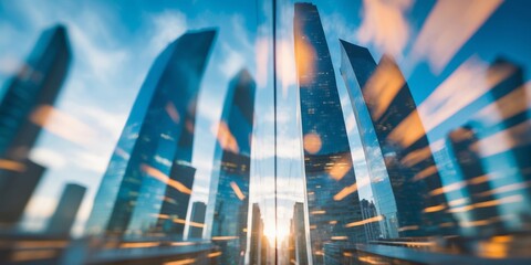 Poster - dynamic city skyline reflects sunset through glass buildings during evening hours in an urban skylin