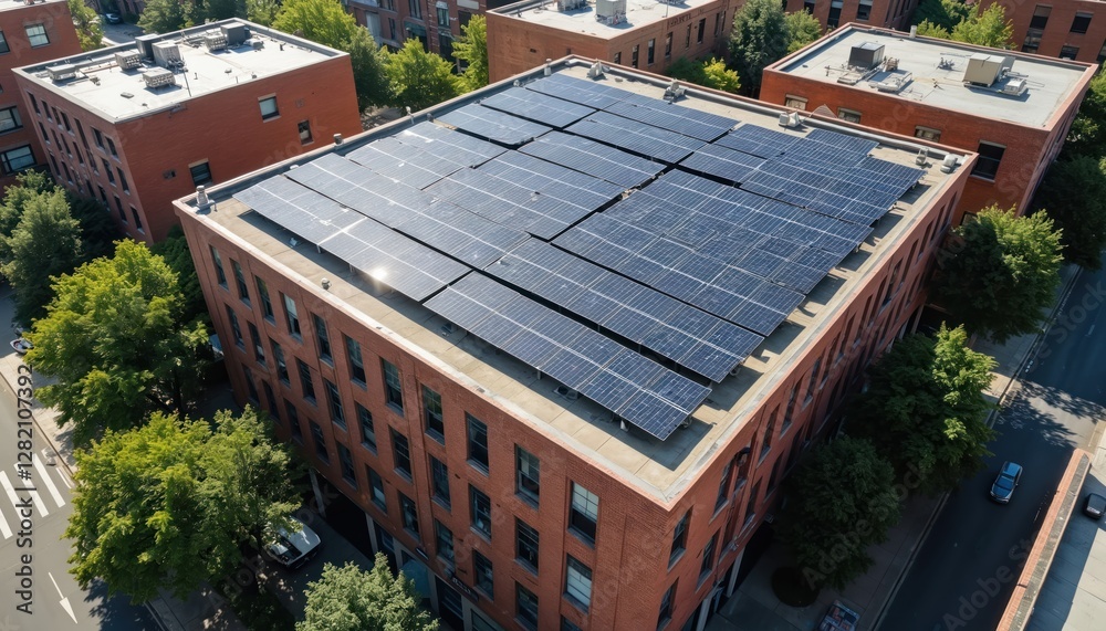 Photo inspiration: Picture Idea: Aerial View Of Red Brick Building With Solar Panels On