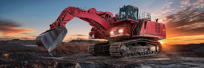 Poster - Excavator performing open pit mining at sunset. Generative AI