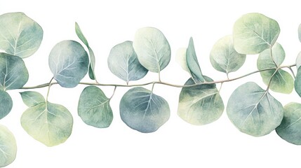 Aufkleber - Watercolor illustration of delicate green eucalyptus leaves arranged in a gentle, flowing pattern. Generative AI