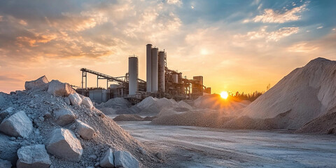 Aufkleber - Limestone extraction process at cement plant during sunset. Generative AI