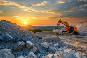 Poster - Limestone extraction process at sunset for cement production. Generative AI
