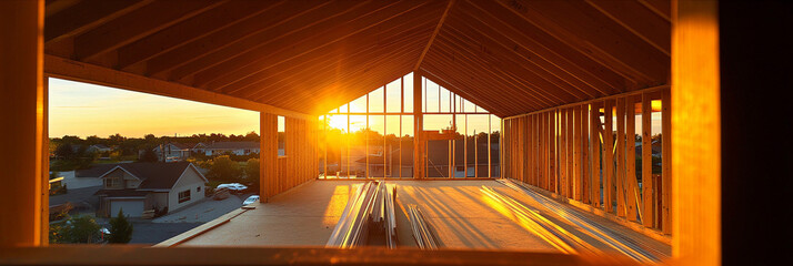 Poster - Sunlight fills new home under construction at sunset. Generative AI