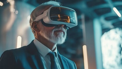 Poster - Virtual reality experience in a modern tech space with immersive visuals and user interaction by a man wearing VR headset