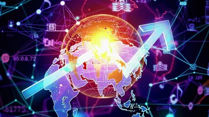Aufkleber - Global business is growing, represented by an upward arrow and a network of connections, with a world map backdrop, evolving over time in slow motion