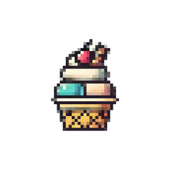 Poster - Vector pixel ice cream icon. Ice cream logo in a waffle cup. Dessert ice cream vector. Dairy product ice cream. Retro pixel style for games, videos, websites ice cream. 8bit style.