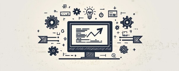 Poster - Innovative computer monitoring system with colorful gears and digital technology concepts